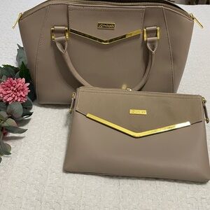 Joy & Iman Tan Satchel and Clutch Set with Gold Accents